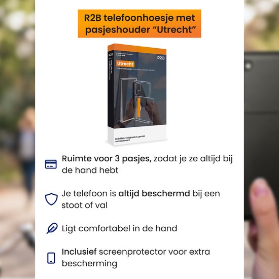 Emballage de l'étui de téléphone R2B avec porte-cartes 'Utrecht', avec du texte sur 3 cartes, la protection et un protecteur d'écran.