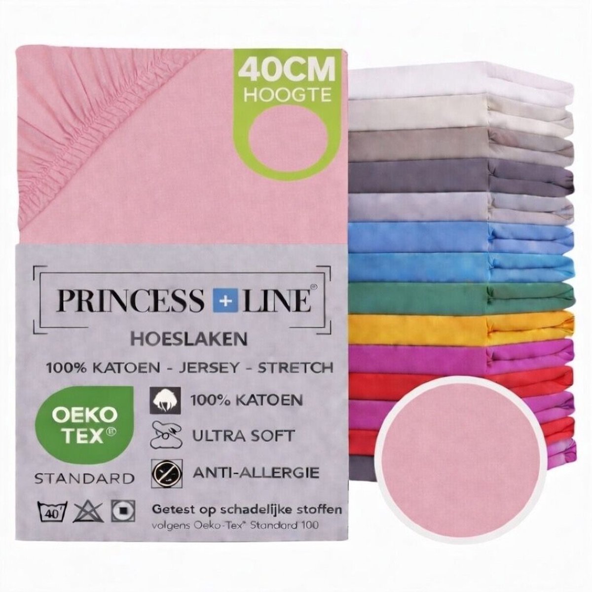 Princess Line- Comfortabel Ultra-Soft-Hoeslaken -100% katoen-Jersey -Stretch -Strijkvrij- Rondom elastiek-Hoekhoogte tot 40cm-Voor Boxspring-Waterbed-2Persoons-Lits-Jumeaux-190x200+40cm-Licht Roze