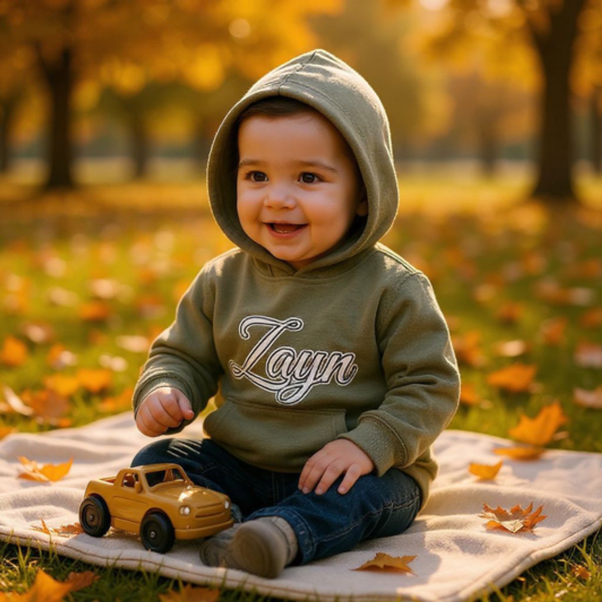 Baby/Dreumes hoodie olijfgroen bedrukt met naam - gepersonaliseerd - baby - 6-12 maanden
