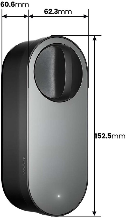 Zwart Aqara slim deurslot met cirkelvormig handvat en afmetingen (60,6mm x 62,3mm x 152,5mm).