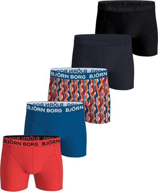 Björn Borg Cotton Stretch boxers - heren boxers normale lengte (5-pack) - zwart - donkerblauw - kobalt - kobalt met wit - rood en oranje dessin en rood