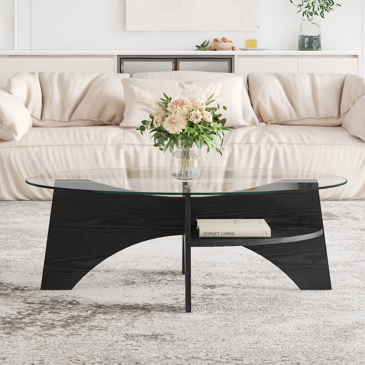 REDOM Ovale Salontafel - Veiligheidsglas En Waaivormig Onderstel - Modern - Voor Woonkamer - MDF En Glas - Zwart Transparant - 104,9 x 60 x 35,6 cm Zwart + Transparant