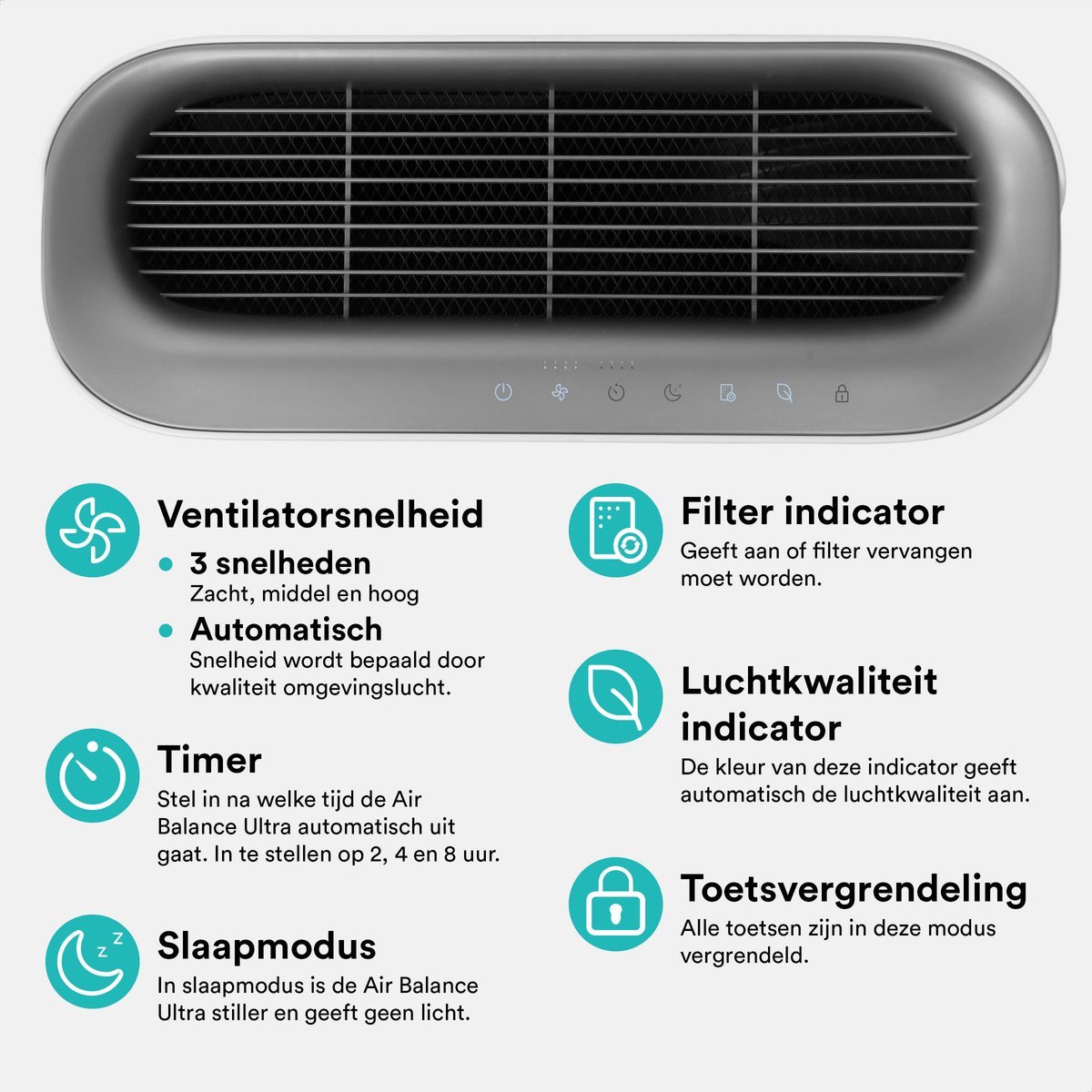 Rolfstone Air Balance Ultra Luchtreiniger – HEPA 13 + koolstoffilter – CADR 660 m³/u – Voor ruimtes tot 144 m² – Vermindert stof en pollen – Fluisterstil – 3 standen + slaapstand + automatische stand – Luchtkwaliteitsindicator — afbeelding 3