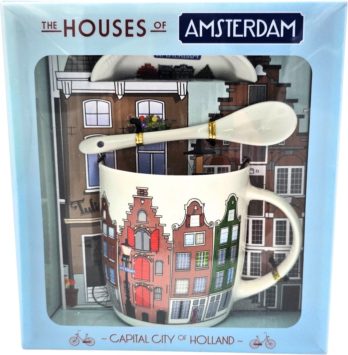 Mok met lepel - Amsterdam gevelhuizen - Lux geschenkdoos - Typisch Hollands - souvenir - Dutch Gift