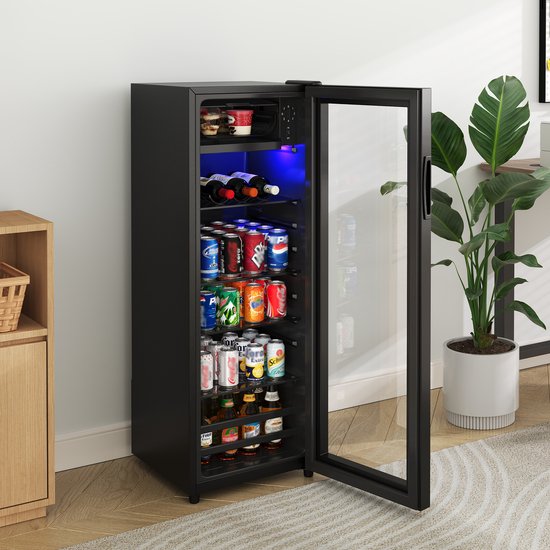 Mini koelkast vrijstaand 128L met vriesvak 8L, stil compressor, verstelbare plateaus, ledverlichting zwart staal