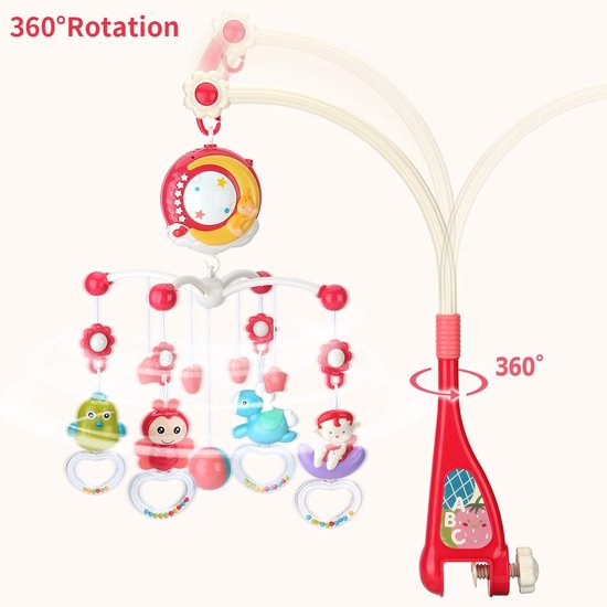 De baby mobiel toont 360° rotatie en heeft diverse schattige figuurtjes die meedraaien.
