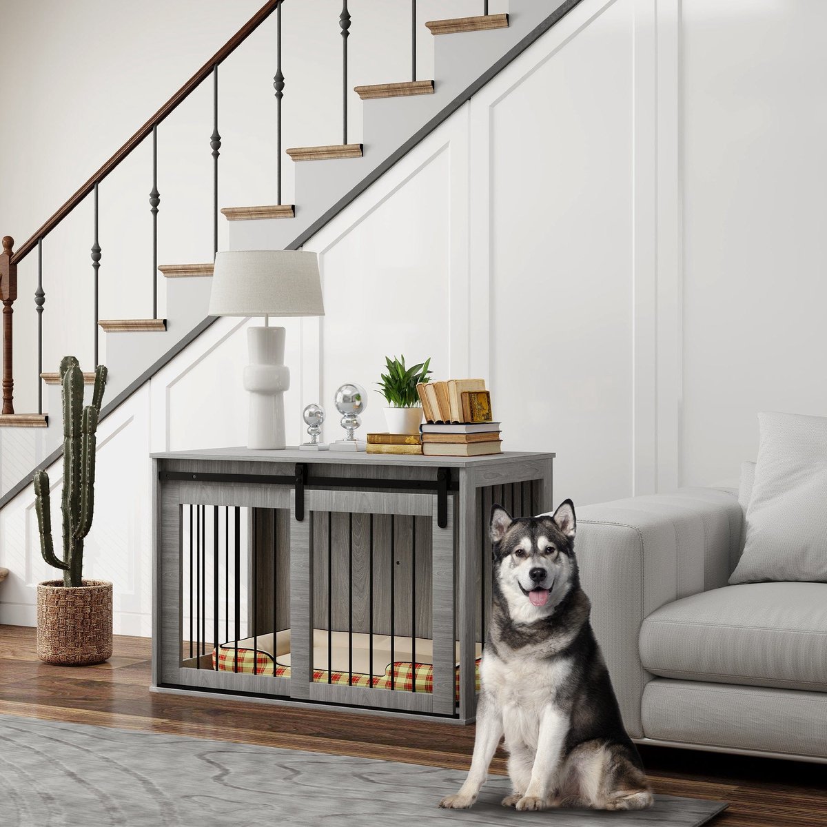 Hondenbench – Hondenkooi – Bench – Hondenhuisje – Hondenkennel – Opvouwbaar – Schuifdeur – Ventilatie – Spaanplaat & Staal – 98x58x61 cm – Grijs