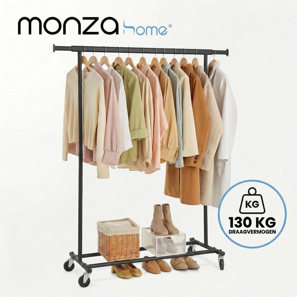 Monza Home® Kledingrek op Wieltjes - Metaal - Zwaar Belastbaar - Zwart