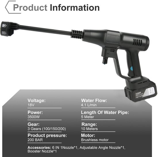 18V Hogedrukwaterpistool - Draadloos - 200Bar - 3500W - Schuimfunctie — afbeelding 4