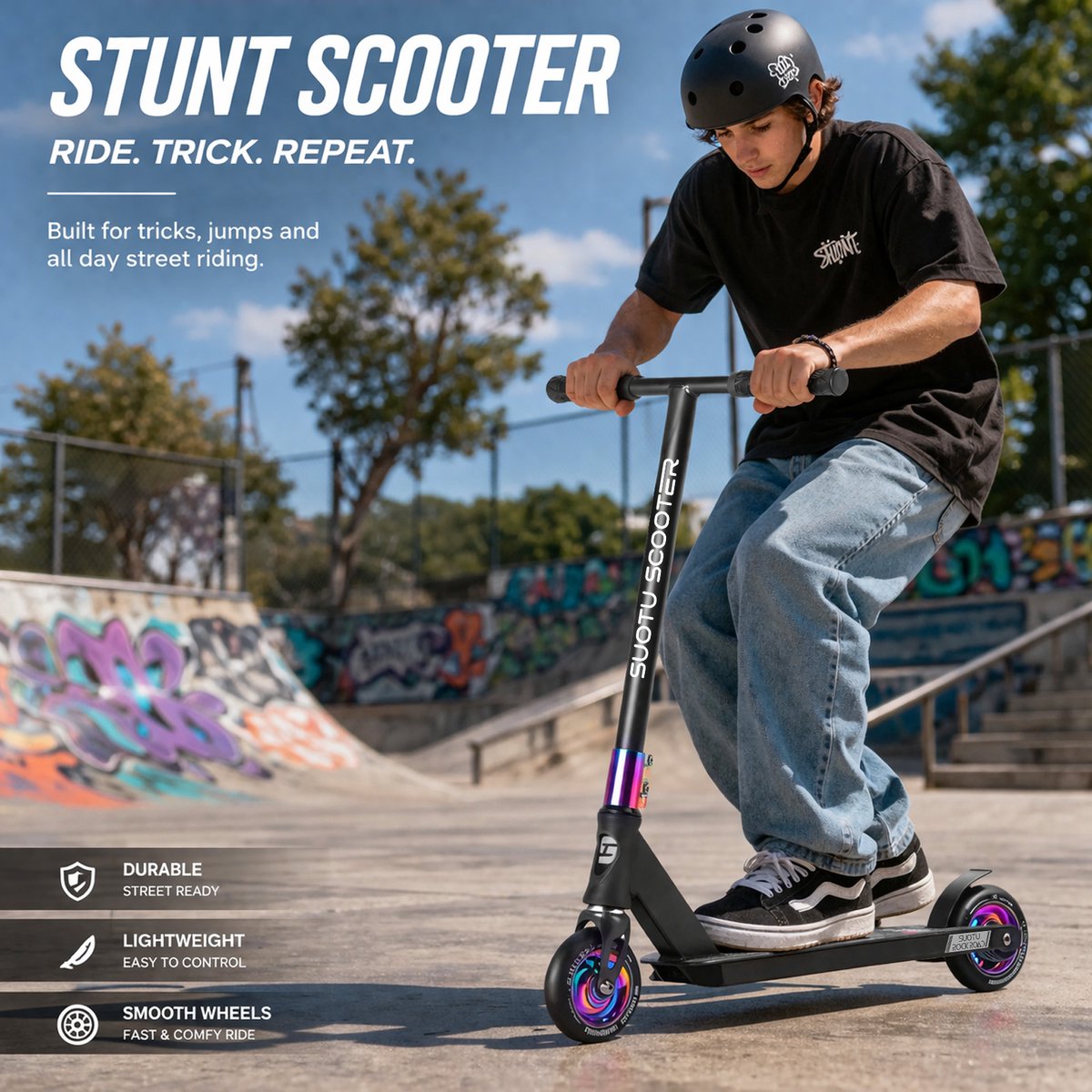 Suotu Stuntstep - Step - Kinderstep - Silent axle - Speelgoed Jongens/Meisjes - Maximale stuurhoogte: 78 cm - Aluminium - Zwart/NEO — afbeelding 5
