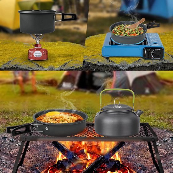 Camping Kookset - Camping Pannenset - 3-delig - Voor 2-3 Personen - Opvouwbaar - Aluminium - Theepot Pan En Steelpan - Oranje Handgreep van Merkloos — afbeelding 2