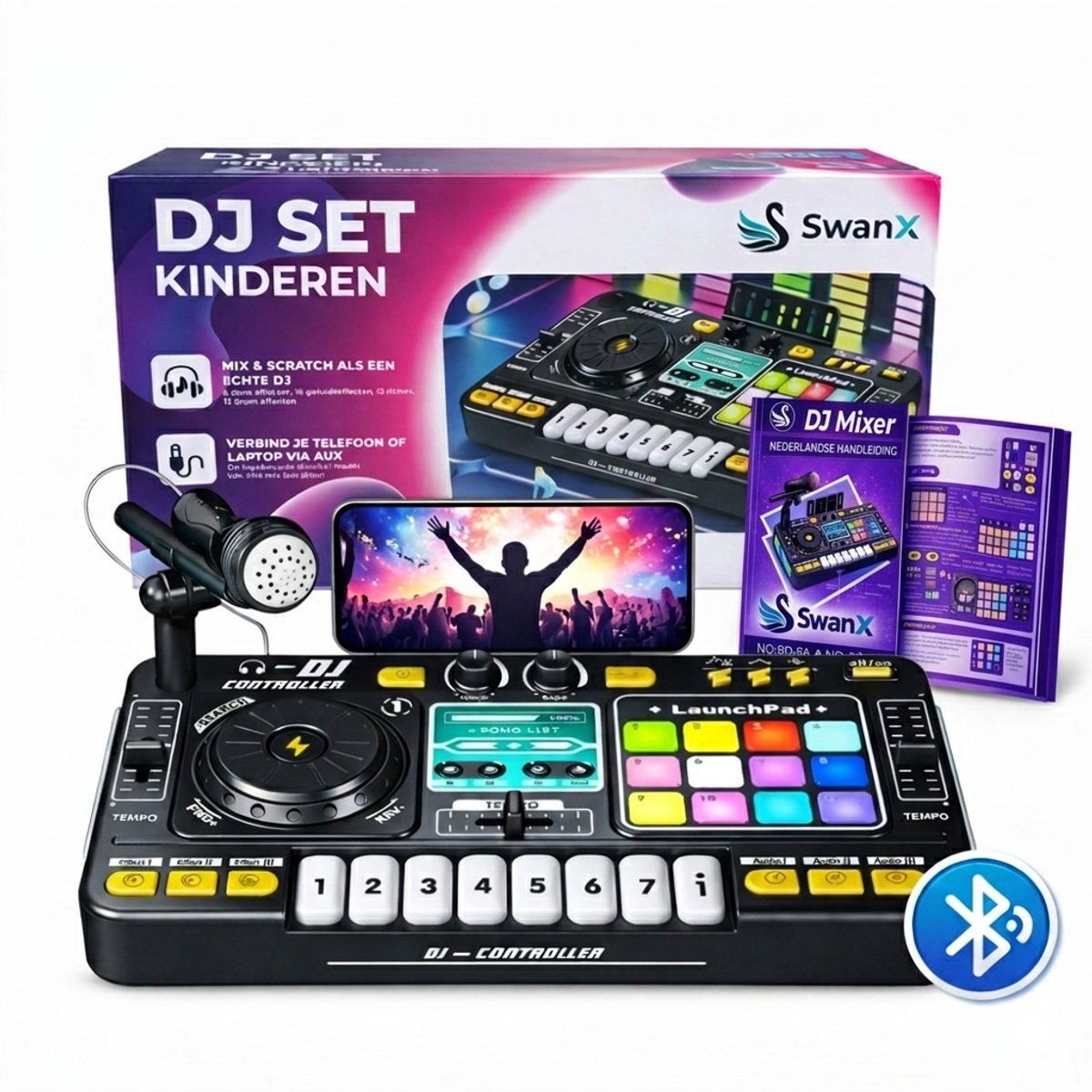 SwanX® DJ Set Kinderen – Bluetooth DJ Mixer met Microfoon, Lichtshow, Piano & Launchpad – Oplaadbaar Muziek Speelgoed – Inclusief Nederlandse Handleiding – Vanaf 3 Jaar