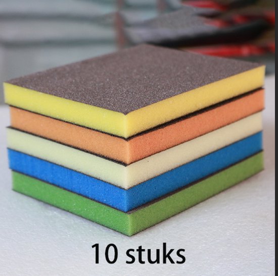 Stapel van tien kleurrijke schuursponzen: geel, oranje, crème, blauw en groen, met bruine schuurkant. Tekst: '10 stuks'.