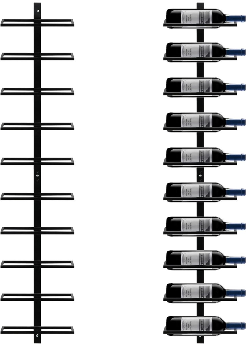 Zylo®Wijnrek Muur - Wijnrek - Hangend - Opslagrek Metaal 10 Flessen - 10x27x116cm - Zwart