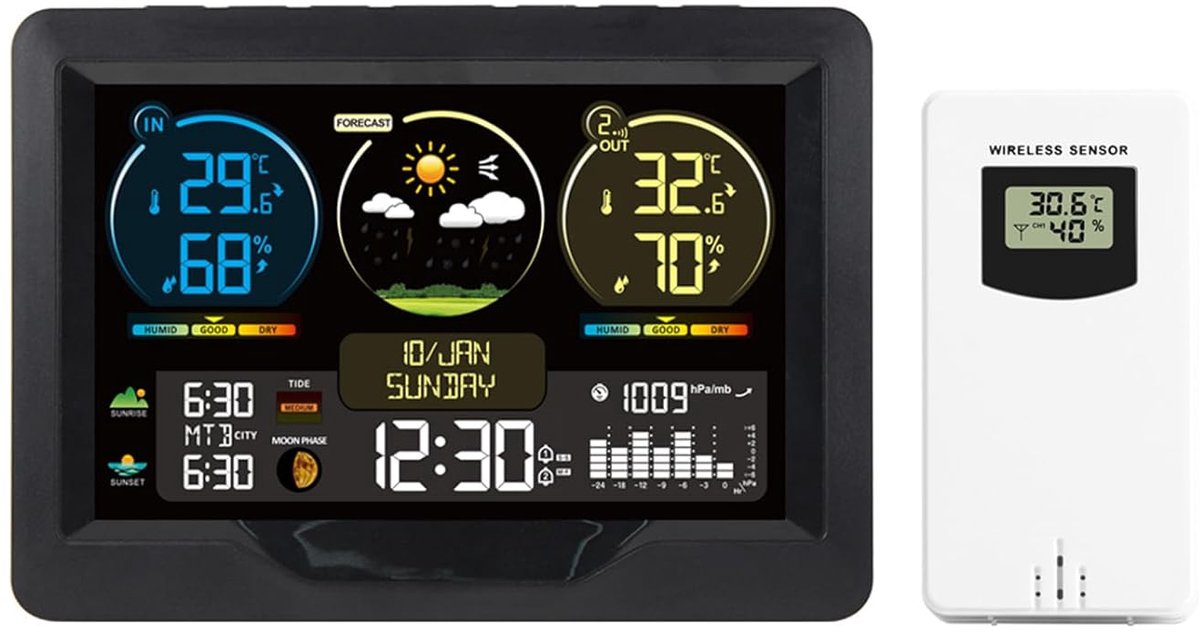 Weerstation - Temperatuur meter - Binnen en buiten - Groot kleurenscherm - Met 3 sensoren - Zwart