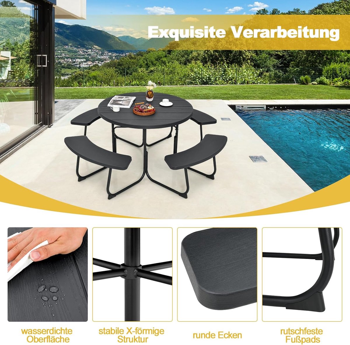 Grand Pavilion Ronde Picknickset voor 8 Personen – Luxe Tuintafel met 4 Geïntegreerde Banken – Weerbestendig HDPE & Antraciet Metalen Frame – Inclusief Parasolgat – 190 x 190 x 76 cm