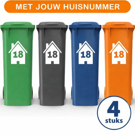 Container Stickers - Voordeelset 4 stuks - 15x20 cm - Container / Kliko sticker huisnummer - afvalcontainer sticker - klikosticker - wit - Huis met nummer