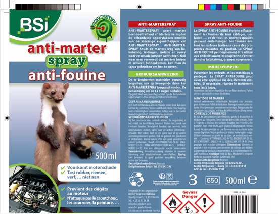 BSI - Anti-Marter Spray - Het afweermiddel om uw wagen en woning te beschermen tegen marters - 500 ml