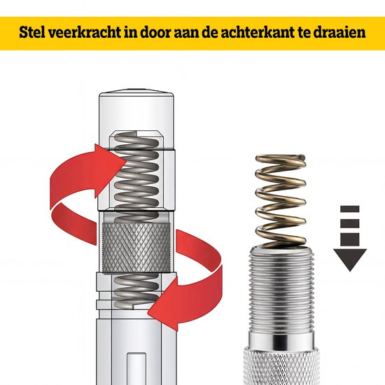 Instellen veerkracht door draaien achterkant. Veer in geleidebus geplaatst.