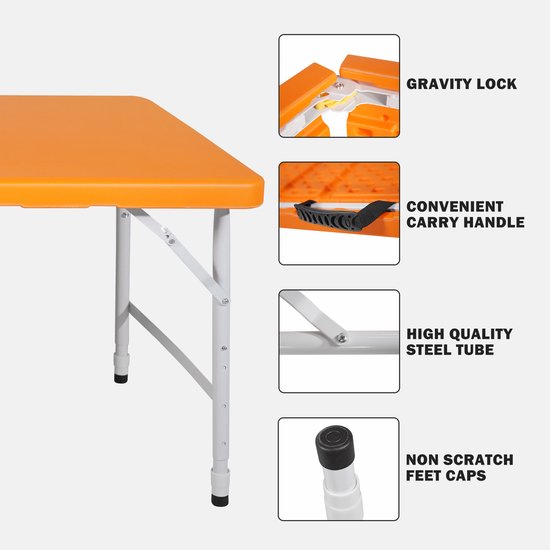 Campingtafels 125 cm - Inklapbare Vouwtafel Met Handgreep En Verstelbare Hoogte - Multifunctioneel - Kunststof - Oranje — afbeelding 2