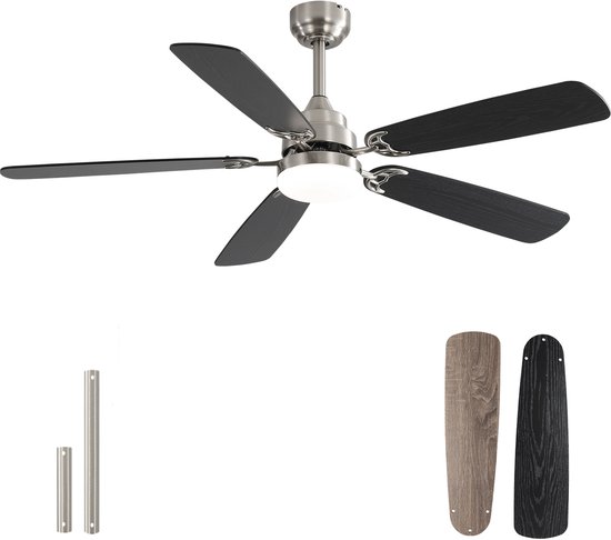 52 inch plafondventilator LED dimbaar 3 kleuren 5 bladen houtdesign DC motor omkeerbaar geborsteld nikkel