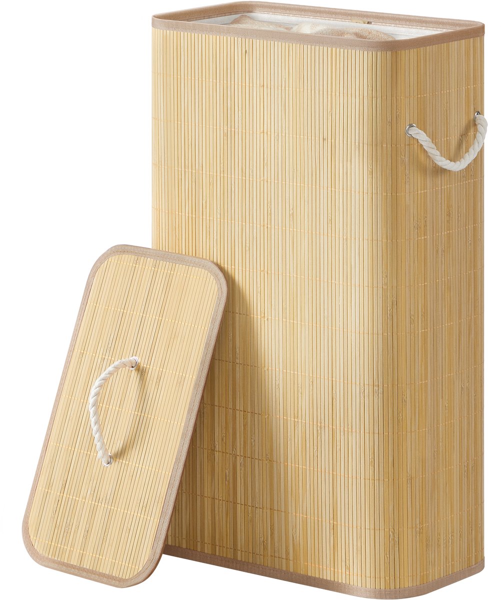 SONGMICS LCB076YZ01 - Wasmand met Deksel - Bamboe - Opvouwbaar en Rechthoekig