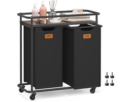 VASAGLE - Wasmand - Wasmand met Wielen - 2 Vakken - Met Afneembare Tassen en Etiketten