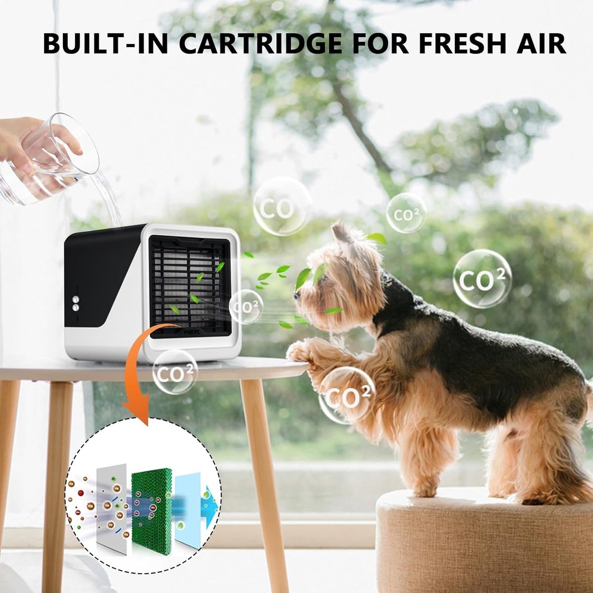 Draagbare Luchtkoeler, 3-in-1 Mini Mobiele Airco zonder Afvoerslang met 500ml Watertank, 3 Snelheden, 7 Kleuren LED, Stille USB Tafelventilator voor Slaapkamer, Kantoor en Bureau — afbeelding 7