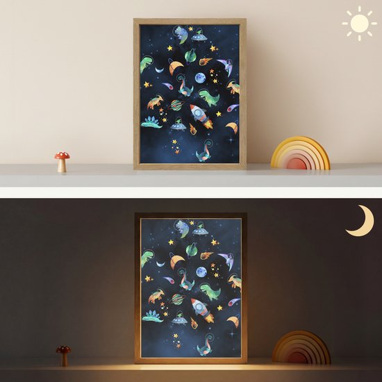 Nachtlampje 30x40 cm - Kinder lamp - Ruimte - Dino - Dinosaurus - Jongens - Tafellamp kinderkamer draadloos - Slaapkamer lampje - Bedlamp kinderen - Kinderlampje - Wandlamp babykamer - Nachtlampjes van OnlyWow — afbeelding 4