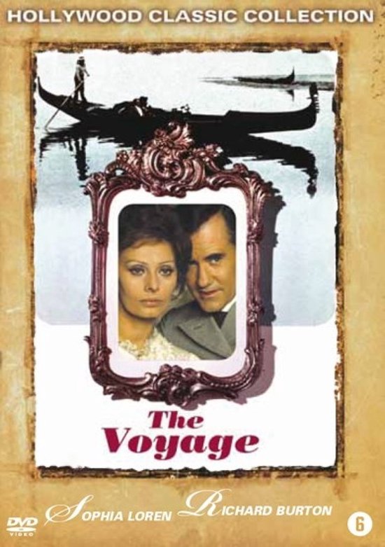 De Voyage filmcover met Sophia Loren en Richard Burton in een lijst, met een gondel en gondelier op de achtergrond.