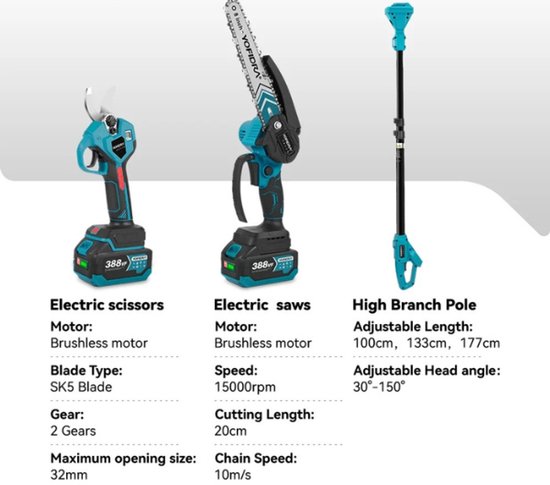 Cellista Elektrische Kettingzaag Set 3-in-1 - Telescopische Snoeizaag - Accu Kettingzaag - 8 inch - Met 2 Accu's - Borstelloze Motor — afbeelding 4