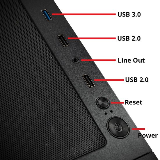 Close-up van de zijkant van een pc-behuizing met poorten: USB 3.0, USB 2.0, Line Out, Reset-knop en aan/uit-knop.