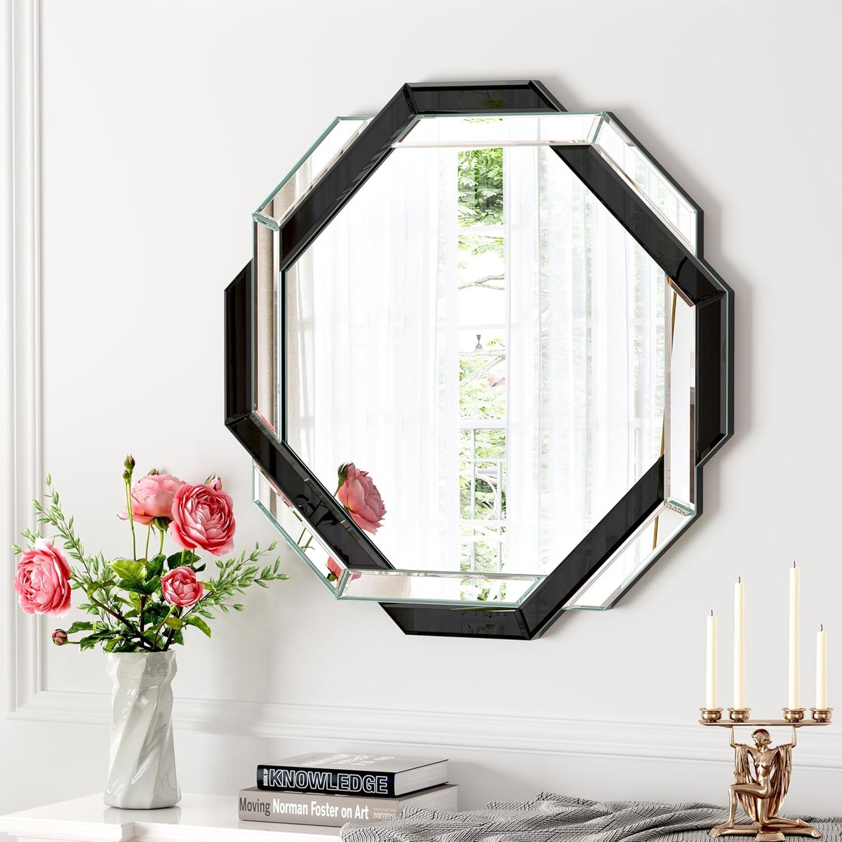 Badkamerspiegel Decoratief - Wandspiegel Glas - Muur Decoratie - Afgeschuinde Rand - 76x76 Centimeter - Zwart