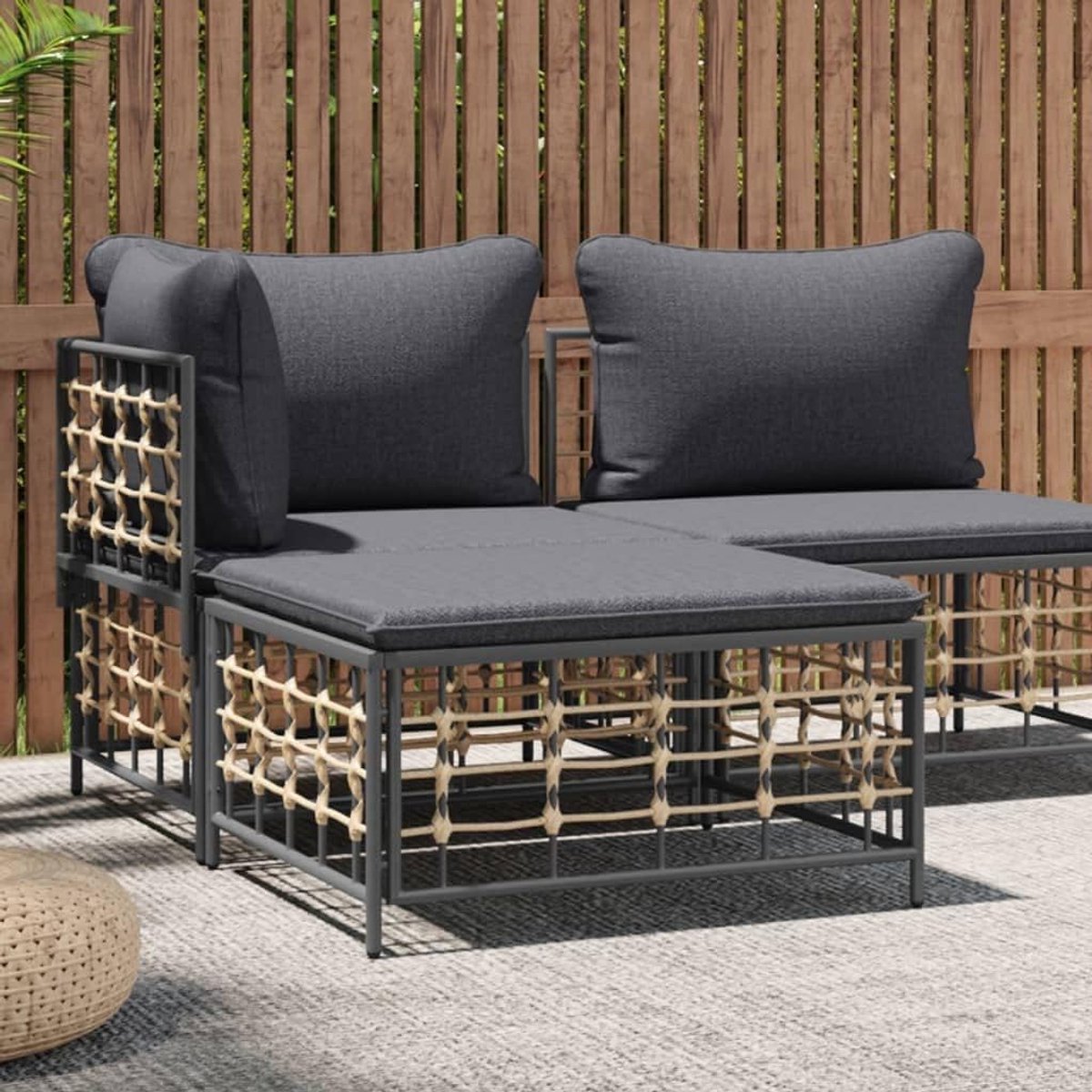 Gartenhocker Rattan Voetenbank Outdoor met Donkergrijs Kussen – Weerbestendige Balkon Hock