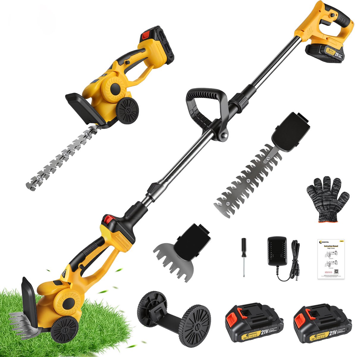CONENTOOL 4-in-1 Accu Heggenschaar, inclusief 2 messen, grastrimmer, telescoopsteel en wiel, 21V draadloze snoeischaar voor tuin en heggen