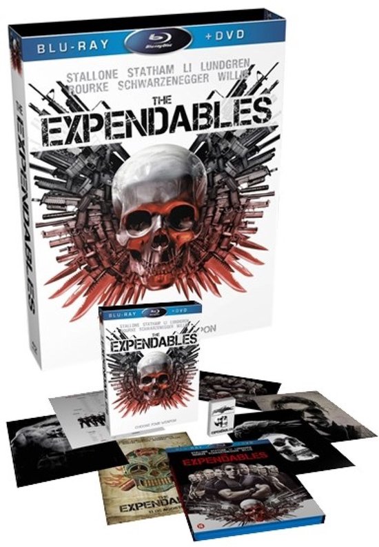 Bluray+DVD combopack van The Expendables met een schedel en wapens op de hoes.