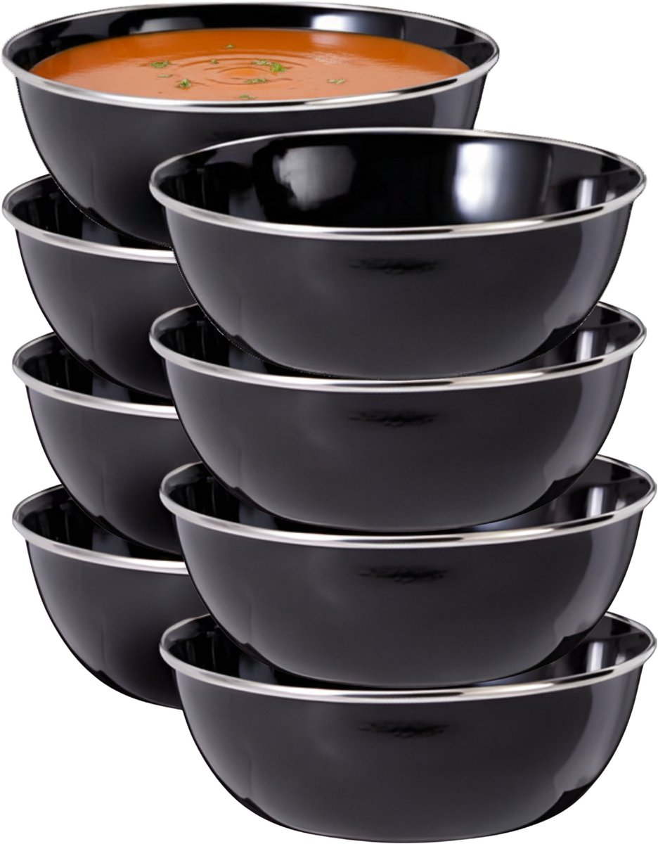 Redcliffs Kommenset - 8x stuks - zwart - 15 x 5 cm - emaille - kamperen/outdoor - schaaltjes