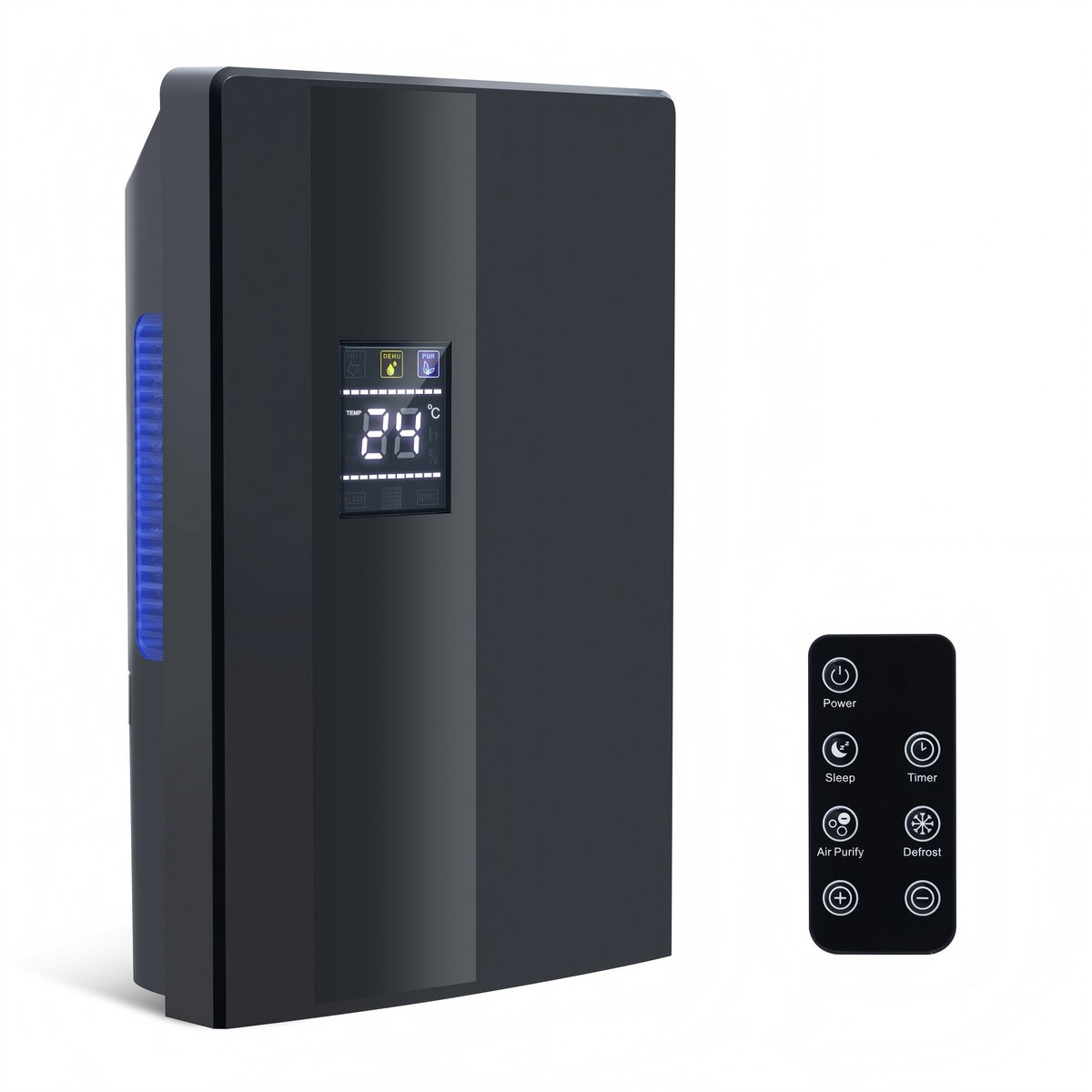 Glitzerlife - Luchtontvochtiger Elektrisch - 2L Luchtontvochtiger Voor Kelder - Slaapkamer Woning - Dehumidifier Met Afstandsbediening - 24-Uurs Timer Uv-Reiniging En Slaapmodus - Zwart