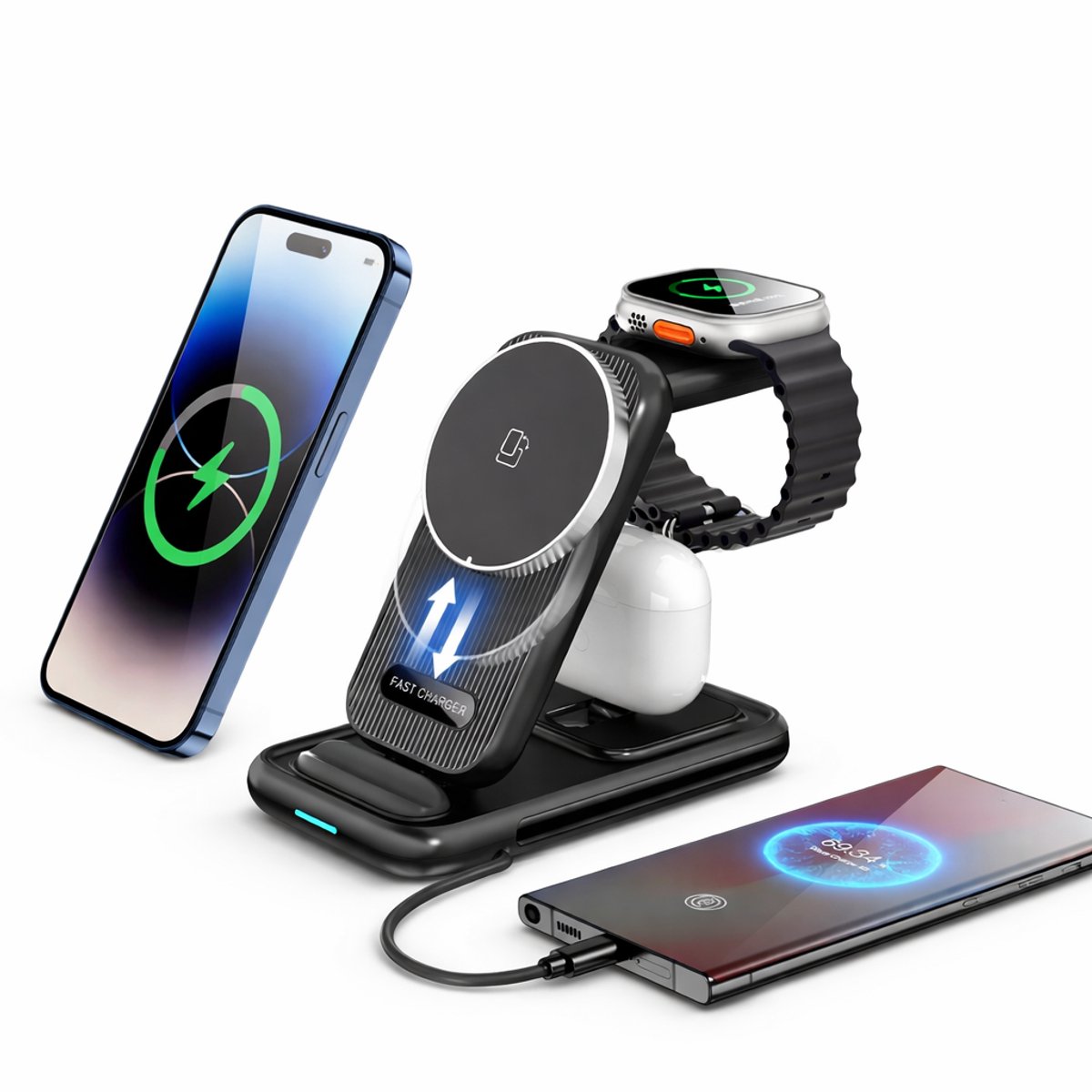 Evy24 4-in-1 Draadloze Oplader 15W – Qi Snellader met Magneet – Wireless Charging Station voor Smartphone, Smartwatch & Earbuds – Zwart
