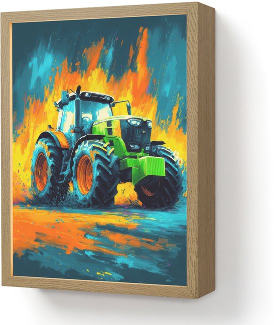 Een schilderij van een groene tractor met oranje velgen, met abstracte oranje en blauwe spatten op de achtergrond.