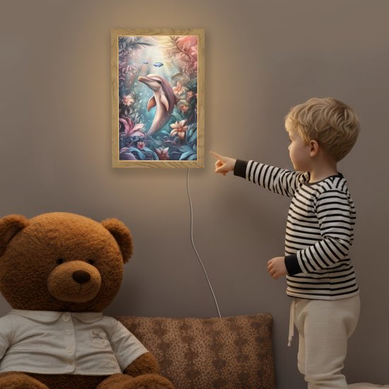 Nachtlampje 20x30 cm - Kinder lampje - Dolfijn - Vissen - Onderwaterwereld - Bloemen - Tafellamp kinderkamer - Slaapkamer lamp - Bedlamp kinderen - Kinderlampje stopcontact - Wandlamp babykamer - Nachtlampjes van OnlyWow — afbeelding 5