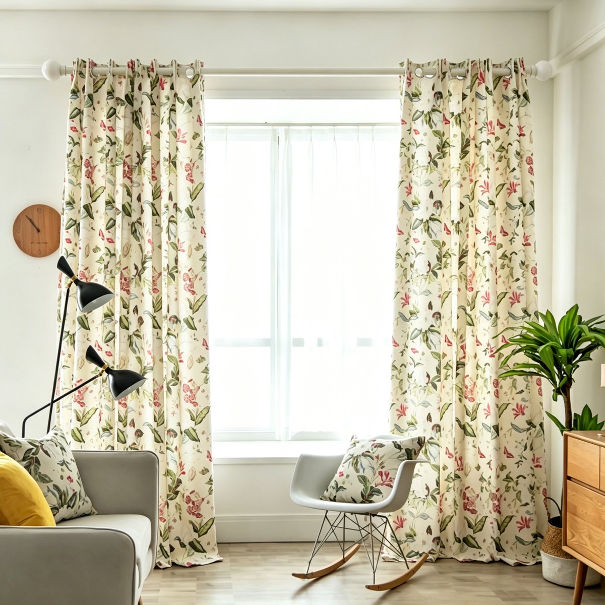 Floraweg , gordijnen met bloemenprint in Amerikaanse countrystijl; verduisterende stof van een katoen-linnenmix; vintage kanten gordijnen met bloemenprint voor de woonkamer en slaapkamer, 132 x 160 cm melkwit