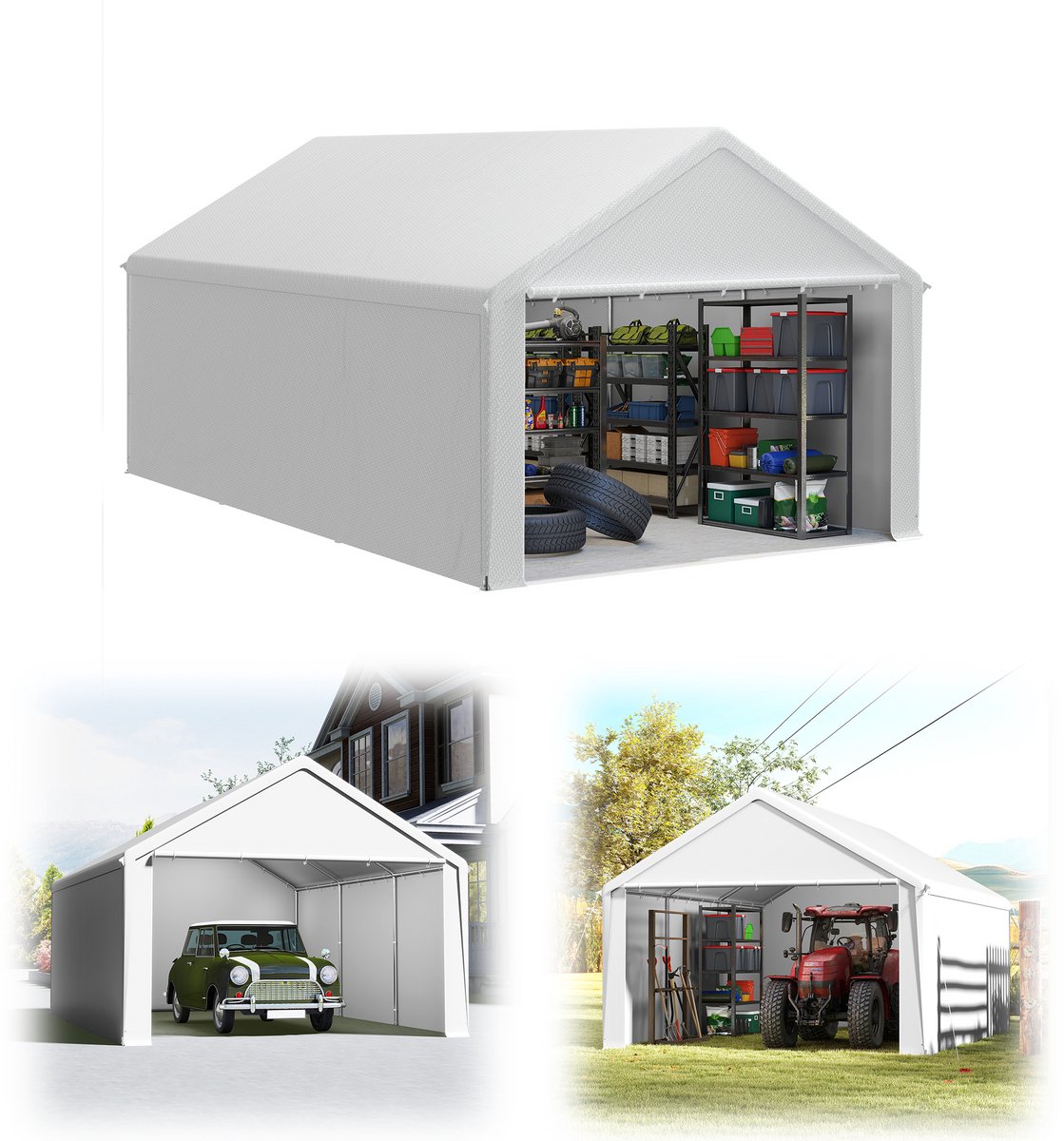 Gereedschapsschuur Gereedschapstent 4x6m (24㎡) Vouwpaviljoen UV-Bescherming Garagentent Met Zijwanden & Ventilatieopeningen Waterdicht PE Stof En Metaalframe Buiten Carport Wit NAIZY