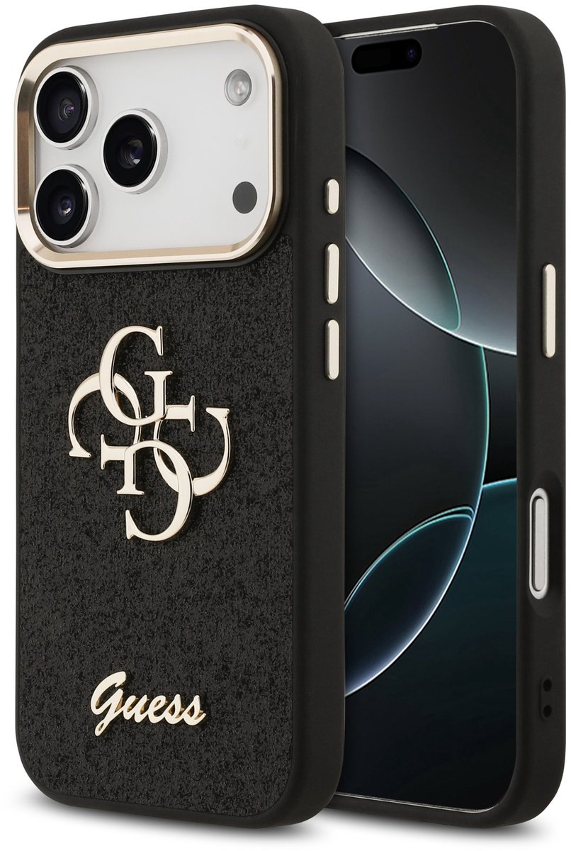 Guess PU Fixed Glitter 4G Metal Frame Backcover - Geschikt voor iPhone 17 Pro - Zwart