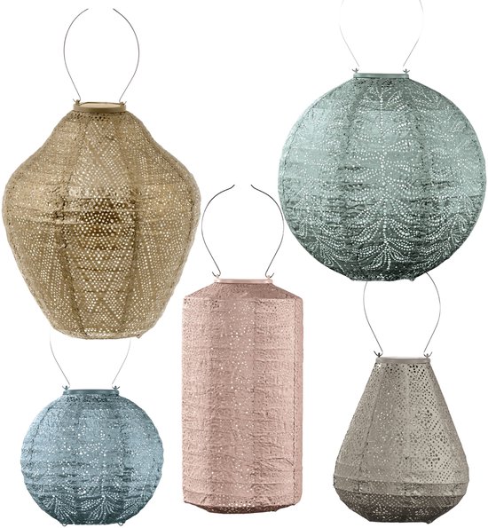 Vijf lampionnen in diverse vormen en kleuren: goud, groen, blauw, roze en grijs.