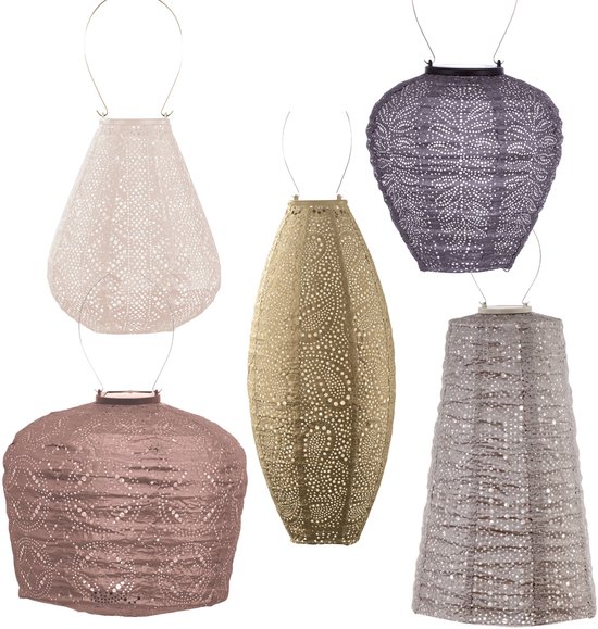 Set van vijf lampionnen in verschillende vormen en kleuren: zilver, goud, roze, taupe en paars.