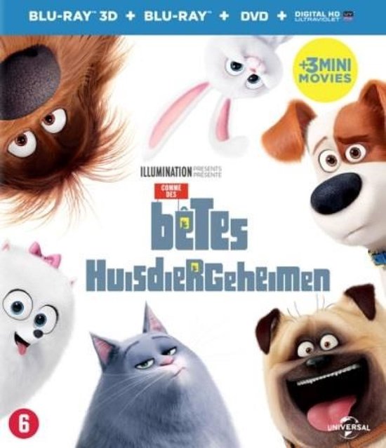 Blu-ray cover 'Huisdiergeheimen' met Max, Gidget, Snowball, Chloe, Mel en Buddy.