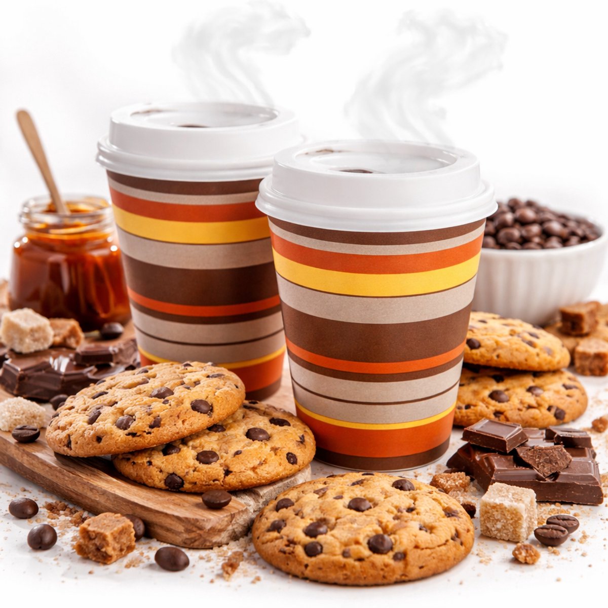 100 x Koffiebeker 240cc 8oz Ø80mm karton gestreept + witte deksels / Drinkbekers, Karton "To Go" 0,2 l Ø 8 cm · 9,2 cm/ wegwerp papieren bekers karton – drank bekers – drinkbekers- koffie beker – Koffiekopjes - Warme en Koude Dranken