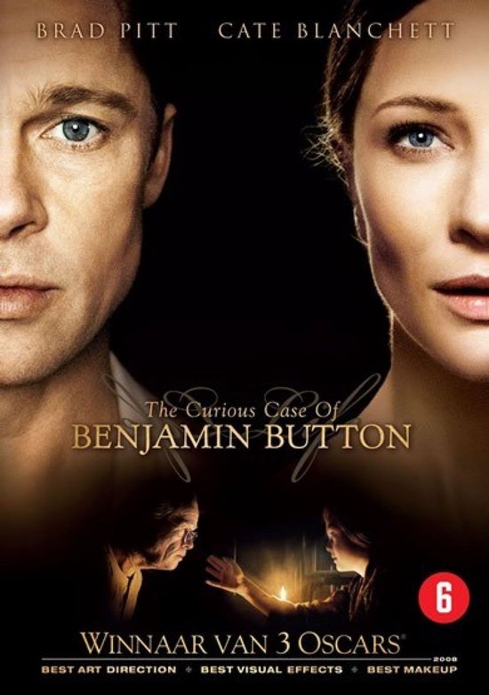 Poster van 'The Curious Case Of Benjamin Button' met Brad Pitt en Cate Blanchett. Titel en 'Winnaar van 3 Oscars' in goud.