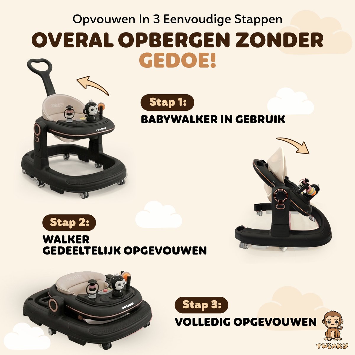 Twinky® Babywalker GO - 4-in-1 Loopstoel Baby & Loopwagen met 3-delige speelset – Loopstoeltje & Loopkar Inklapbaar inclusief Voetenmat en Steel – foto 7